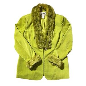 ML Studio green coat rabbit fur trim Y2K Glam Mob Wife Chic Sz 16